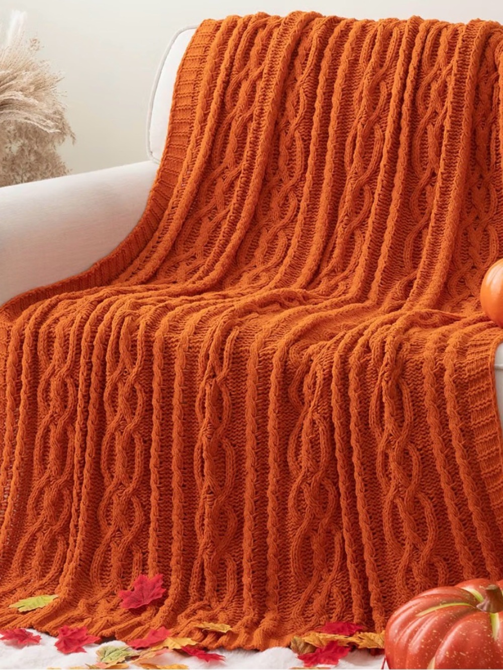 Cable Knit Throw Blanket in Pumpkin Orange